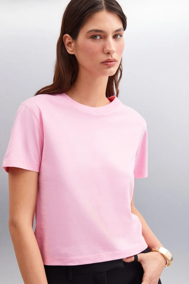 GRIMELANGE Melany Women's 100% Organic Cotton Crew Neck Basic Pink T-shirt