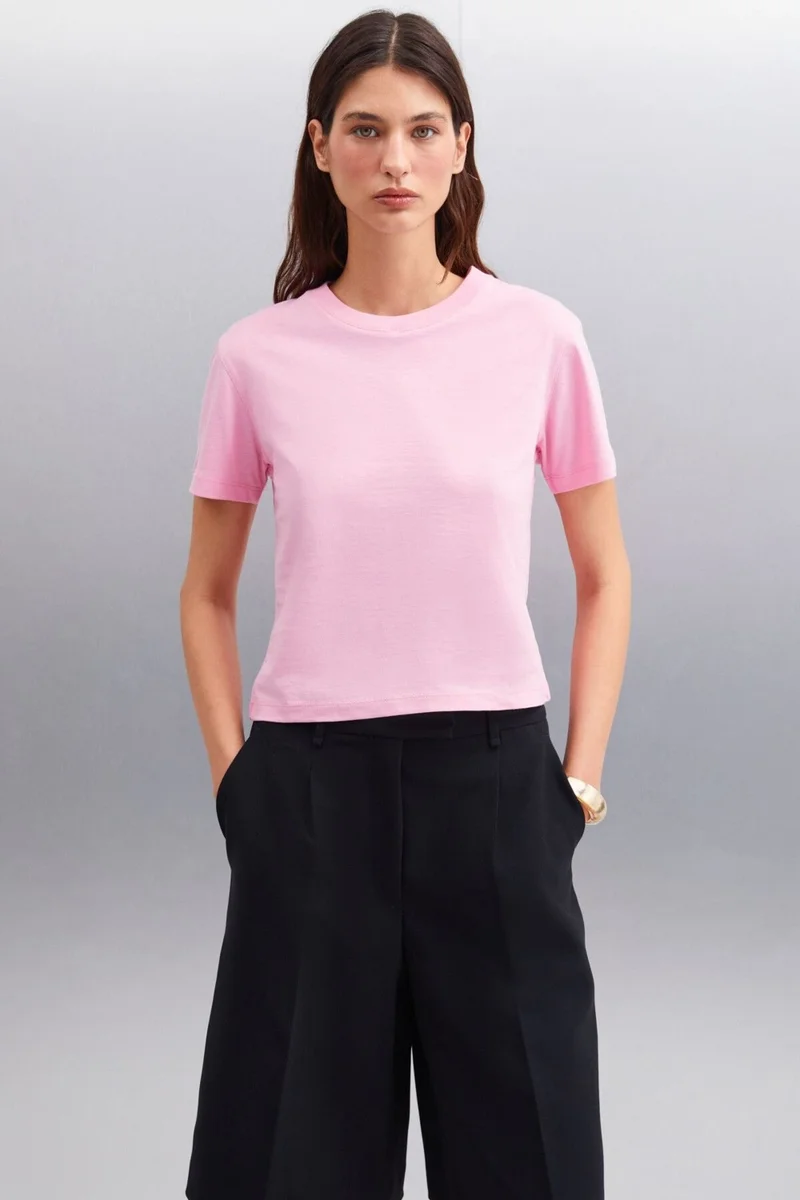 GRIMELANGE Melany Women's 100% Organic Cotton Crew Neck Basic Pink T-shirt