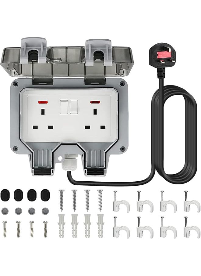 PROMASS Outdoor Socket with 3m Extension Lead, Outdoor Double Plug Sockets Waterproof IP66, Weatherproof Outdoor Plug Sockets, Exterior Wall Garden 2 Gang Storm Switched Socket Outside Power Socket (3m)  - Image 1