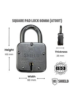 KI SHIELD KI SHIELD Square PAD Lock 60MM ATOOT Square Pad Lock Double Locking Hardened Shackle Corrosion Resistant 8 Levers 3 Keys Riveted Extra Strong Body Durable Long Life Pack of 2  - Image 2