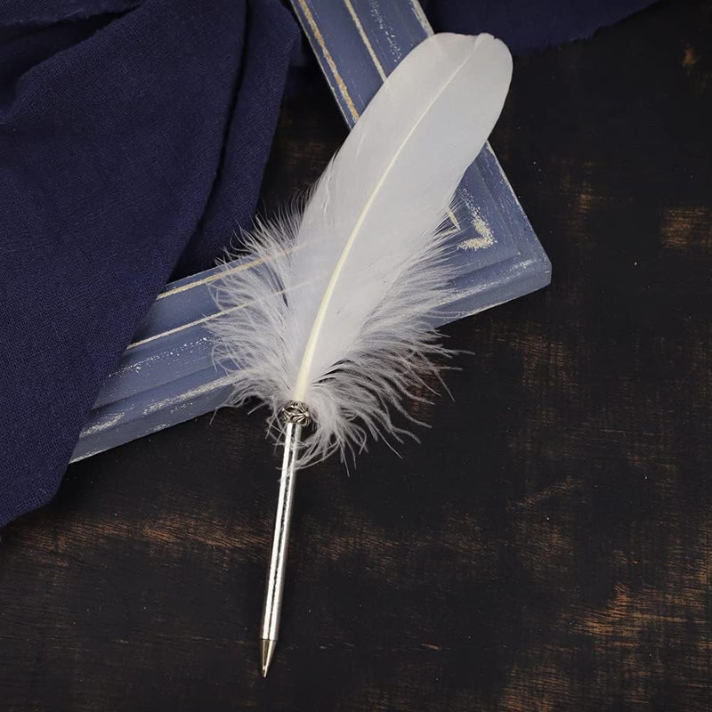 OPENDGO Feather Ballpoint Pen ，Black Ink Vintage Feather Quill Refined Plated Rod Quill Ballpoint Pen For School Writing ▏Wedding Gift Signature Pen (White) - Image 1