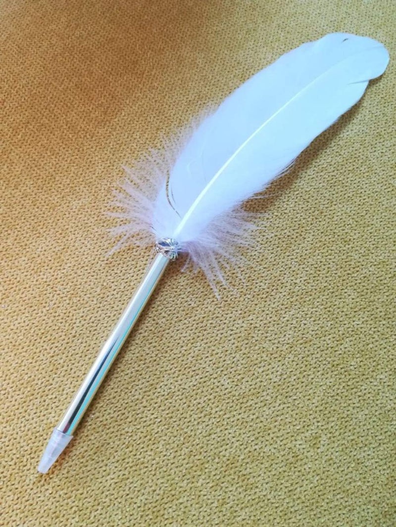 OPENDGO Feather Ballpoint Pen ，Black Ink Vintage Feather Quill Refined Plated Rod Quill Ballpoint Pen For School Writing ▏Wedding Gift Signature Pen (White) - Image 3