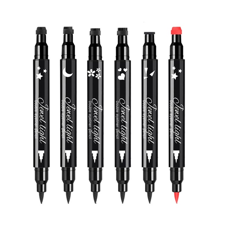 Pinkiou 6Pcs Eyeliner Stamp Pen Set, Long-lasting Eye Liner Pencil for Eye Makeup,Waterproof Double-Sided Liquid Eyeliner Stamp Pen Set for Beginners,Black&Red Heart, Star, Plum,Triangle and Moon - Image 1