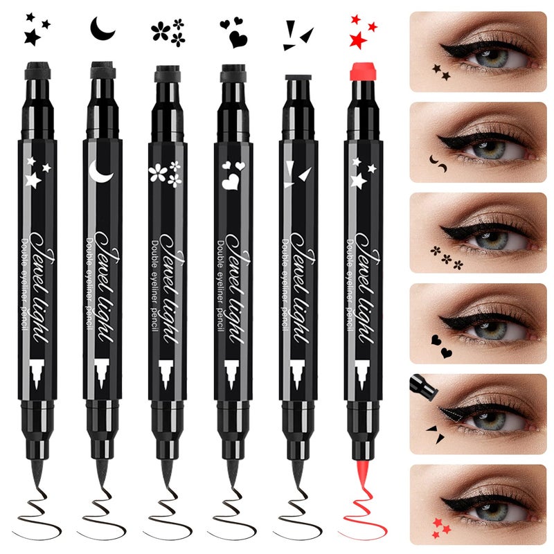 Pinkiou 6Pcs Eyeliner Stamp Pen Set, Long-lasting Eye Liner Pencil for Eye Makeup,Waterproof Double-Sided Liquid Eyeliner Stamp Pen Set for Beginners,Black&Red Heart, Star, Plum,Triangle and Moon - Image 2