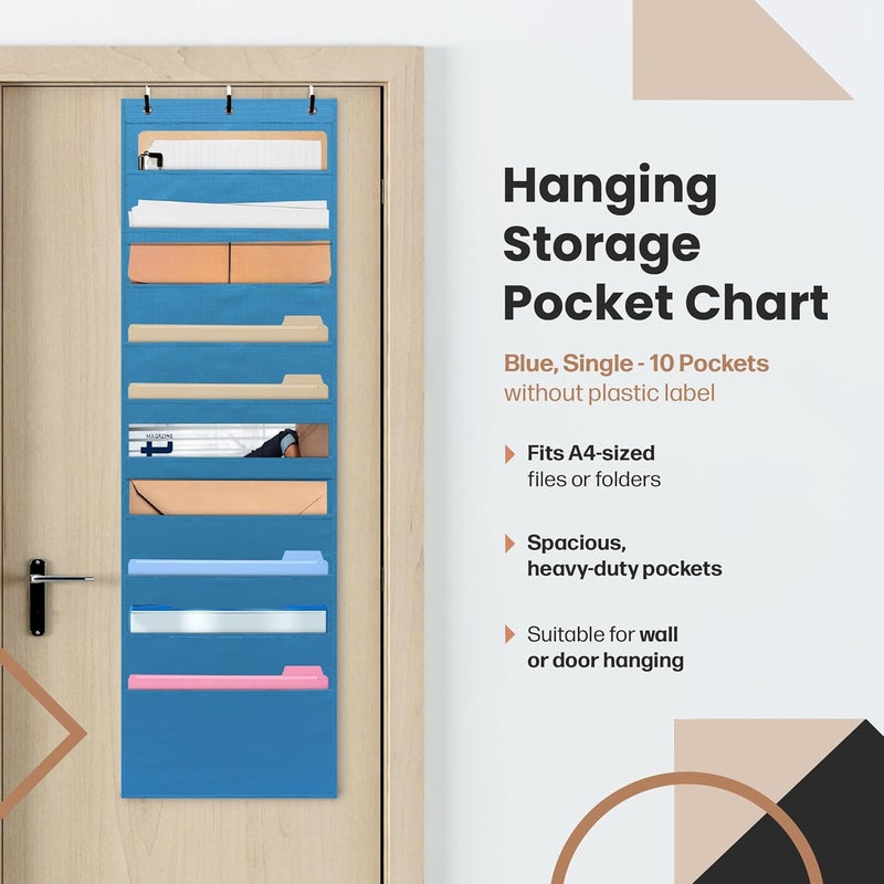 Hippo Creation Heavy Duty Storage Pocket Chart for Classroom, 10 Pocket Storage Organizer with 3 Over-Door Hangers, Hanging Wall Organizer for File Folders, School Mailbox, Home Office Papers - Blue - Image 2