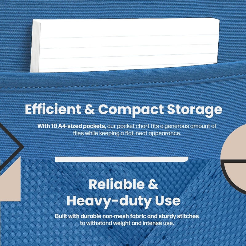 Hippo Creation Heavy Duty Storage Pocket Chart for Classroom, 10 Pocket Storage Organizer with 3 Over-Door Hangers, Hanging Wall Organizer for File Folders, School Mailbox, Home Office Papers - Blue - Image 4