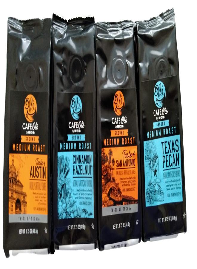 Cafe Ole Gourmet Ground Coffee Sampler Bundle (4 Flavors 1.75 oz Each) - Texas Pecan, Taste of Austin, Taste of San Antonio, Cinnamon Hazelnut - Image 1