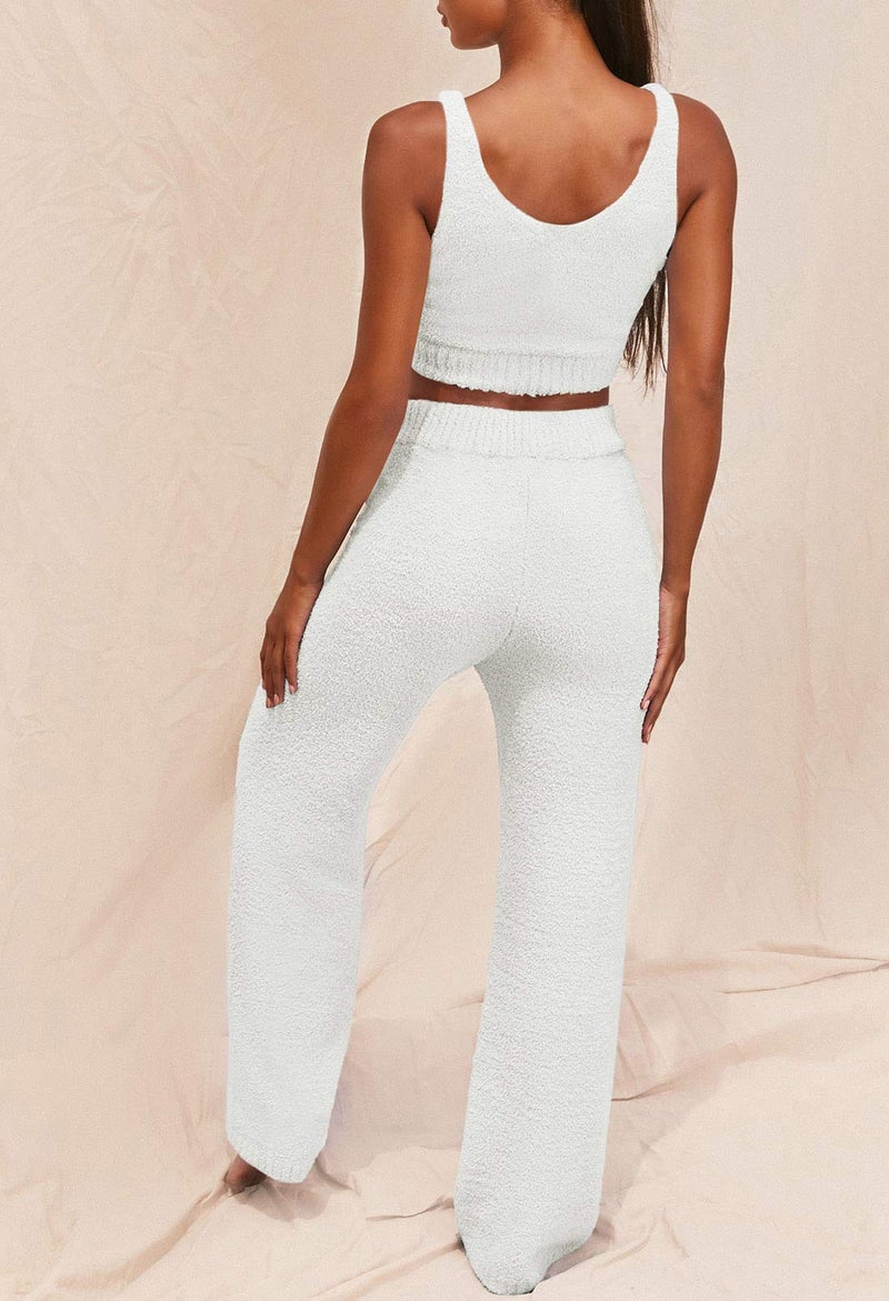 Fixmatti Women's Fuzzy 3 Piece Sweatsuit Open Front Cardigan Crop Tank Tops Wide Legs Pants Lounge Sets Small White - Image 5