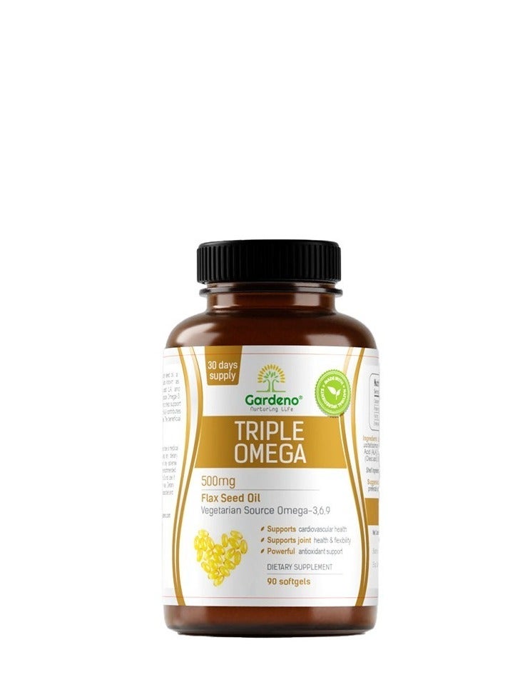 غاردينو زيت بذور الكتان ثلاثي أوميجا 500 ملغ، مصدر نباتي، أوميجا 369، يدعم صحة القلب والأوعية الدموية والمفاصل والمرونة، يدعم مضادات الأكسدة القوية، 90 كبسولة هلامية