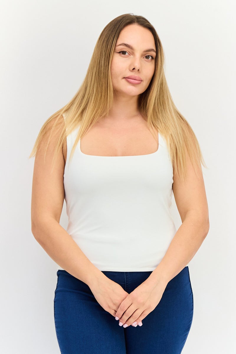 bebe Women Square Neck Sleeveless Solid Tank Top, White  - Image 1