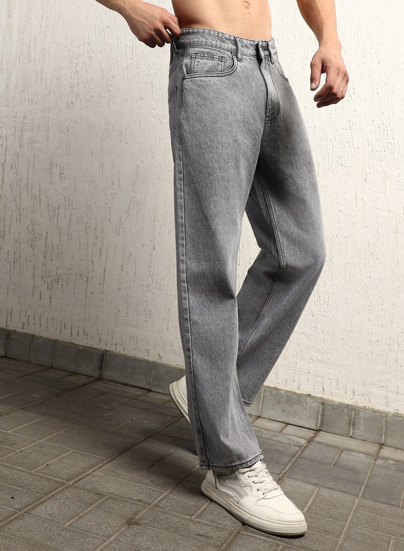 Hubberholme Men's Grey 100% Cotton Bleached Full Length Loose Jeans - Image 2