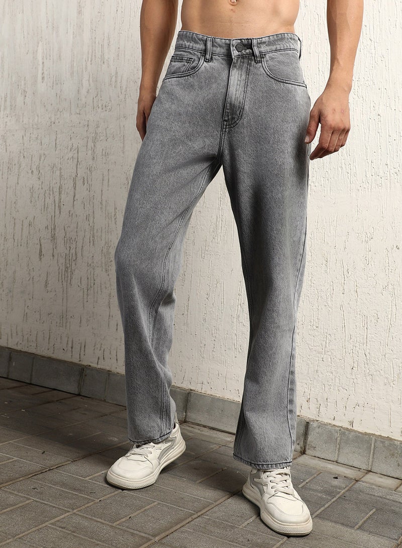 Hubberholme Men's Grey 100% Cotton Bleached Full Length Loose Jeans - Image 1