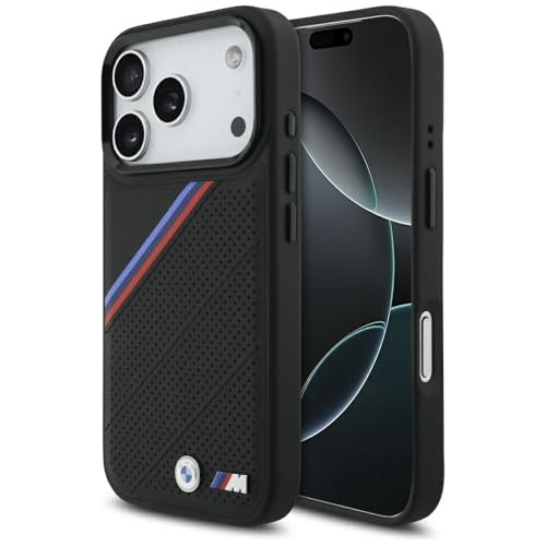 CG MOBILE BMW [Official Licensed] Protective Case Designed for iPhone 17 Pro |Mag-Safe Compatible|M Collection|Pu Leather Tricolor Slanted Stripes & Metal Logos -Black - Image 1