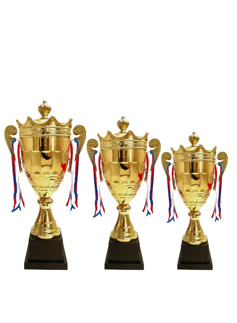 Spall Set of 3 Gold Trophies – 43cm 37cm 34cm – Metal Award Cups for Sports Events, School Competitions, Football, Cricket, Basketball, Academic Achievements & Corporate Awards - Image 1