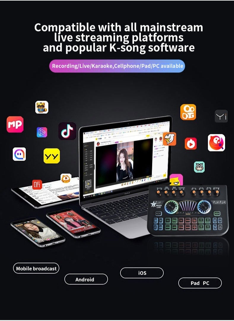 ULHYC - X3 Live Sound Card Audio Mixer Professional Sound Card Audio System Intelligent Volume Adjustable Audio Mixer With Bluetooth Mixer Board Black - Image 1