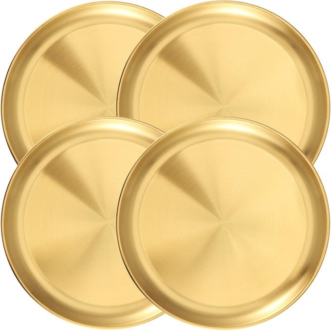 4 PACK 10 INCH GOLD STAINLESS STEEL PLATE ROUND METAL DINNER PLATES KITCHENWARE DINNER DISHES SERVING TRAY LARGE CAMPING PLATES FOR BBQ SNACK FOOD SERVING DISHWASHER SAFE