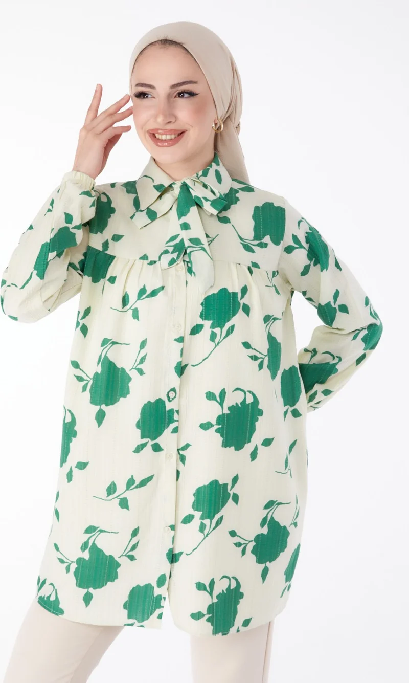 Tofisa Plain Tie Collar Women's Green Rose Patterned Tunic - 25469