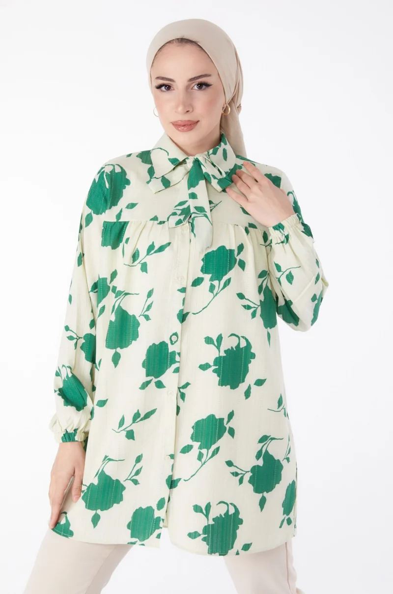 Tofisa Plain Tie Collar Women's Green Rose Patterned Tunic - 25469