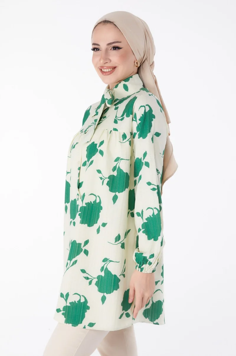 Tofisa Plain Tie Collar Women's Green Rose Patterned Tunic - 25469