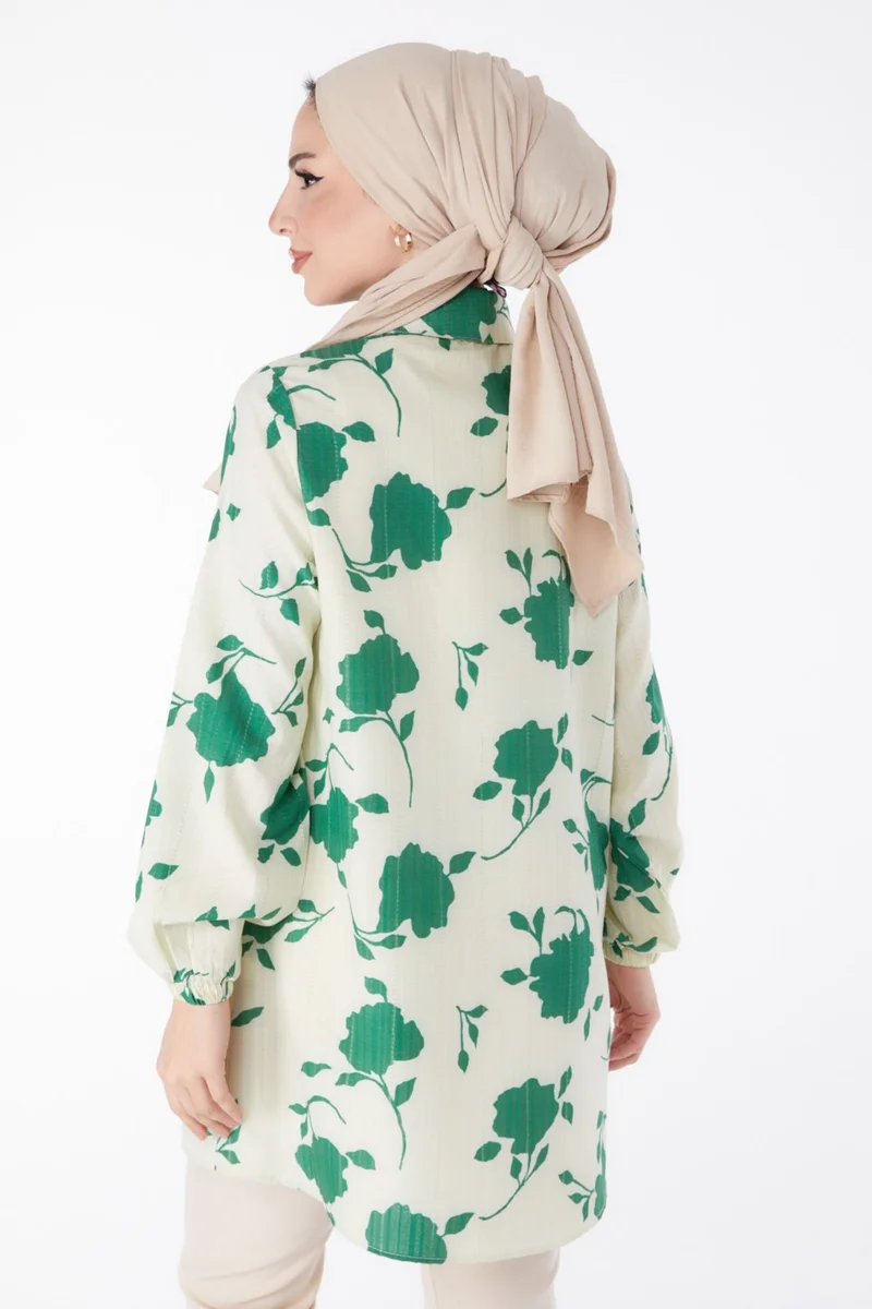 Tofisa Plain Tie Collar Women's Green Rose Patterned Tunic - 25469