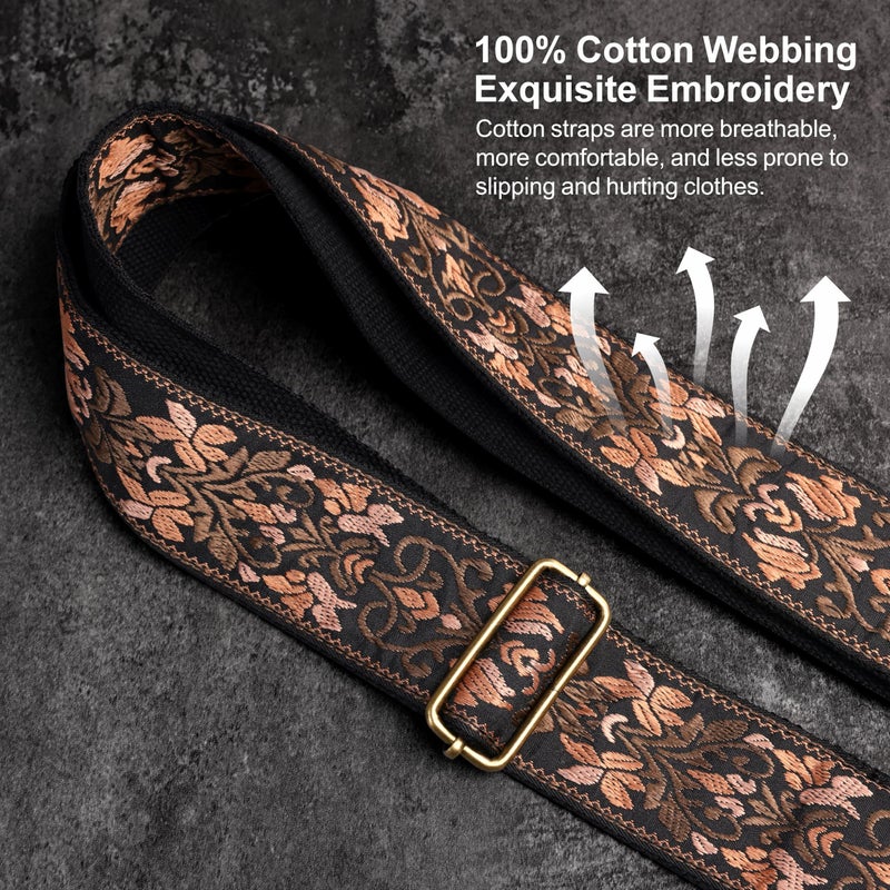 Nefelibata Guitar Strap,Jacquard Embroidery Cotton Guitar Straps with Crazy Horse Leather Ends for Bass, Electric & Acoustic, Best Gifts for Kids, Guitarists(Embroidered Gold Flower) - Image 4