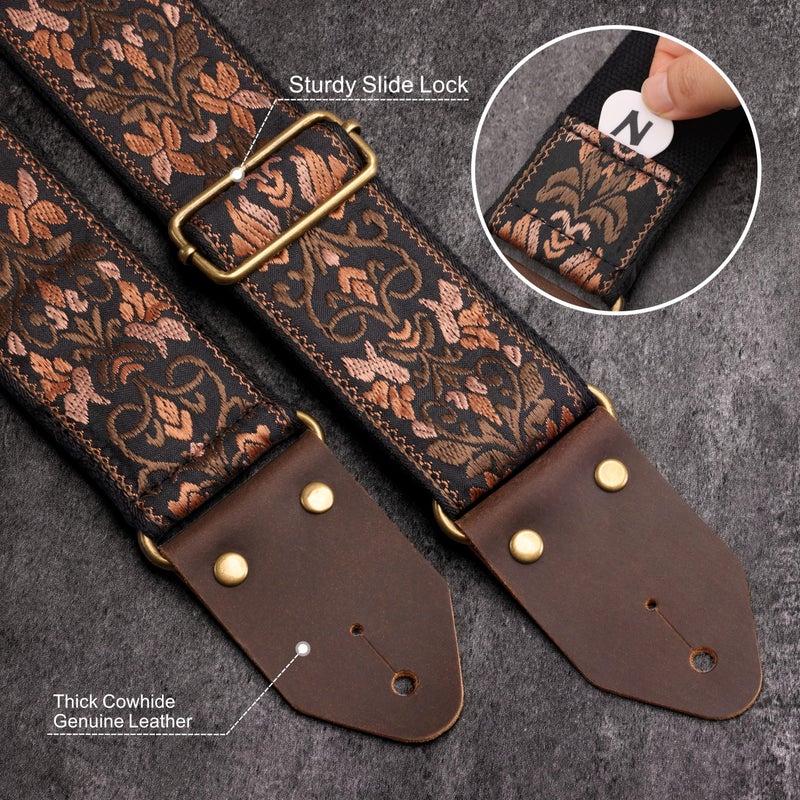 Nefelibata Guitar Strap,Jacquard Embroidery Cotton Guitar Straps with Crazy Horse Leather Ends for Bass, Electric & Acoustic, Best Gifts for Kids, Guitarists(Embroidered Gold Flower) - Image 3