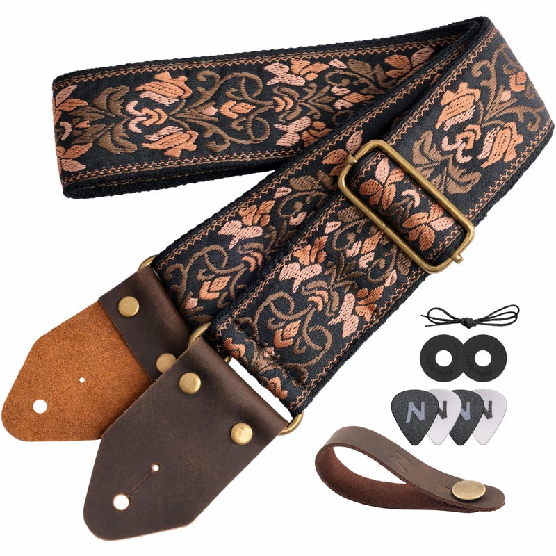 Nefelibata Guitar Strap,Jacquard Embroidery Cotton Guitar Straps with Crazy Horse Leather Ends for Bass, Electric & Acoustic, Best Gifts for Kids, Guitarists(Embroidered Gold Flower) - Image 1