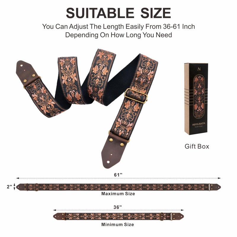 Nefelibata Guitar Strap,Jacquard Embroidery Cotton Guitar Straps with Crazy Horse Leather Ends for Bass, Electric & Acoustic, Best Gifts for Kids, Guitarists(Embroidered Gold Flower) - Image 5