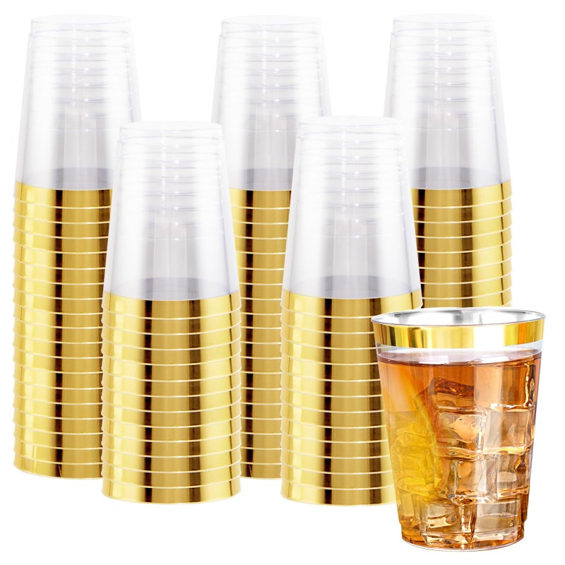 Ciaell 120PCS Gold Plastic Cups  10Oz Heavy Duty Clear Plastic Cups with Gold Rim  Gold Rim Disposable Cups for Wedding Birthday  Party