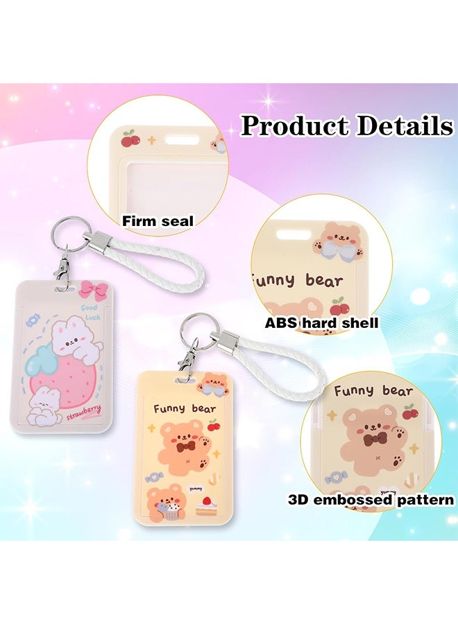 2Pcs Photocard Holder Keychain Sliding Cute Cartoon Rabbit Bear Animal ID Badge Holder with Lanyard Badge Reel Stationery for School Student Bus Card ID Credit Cards Pendant - Image 3