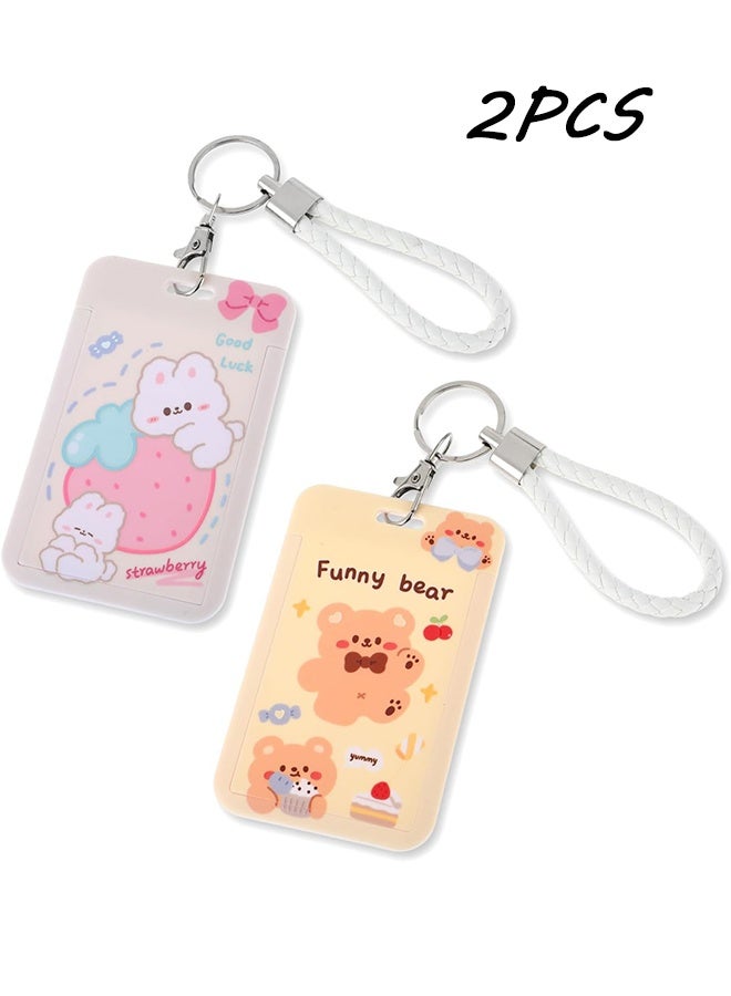 2Pcs Photocard Holder Keychain Sliding Cute Cartoon Rabbit Bear Animal ID Badge Holder with Lanyard Badge Reel Stationery for School Student Bus Card ID Credit Cards Pendant - Image 1