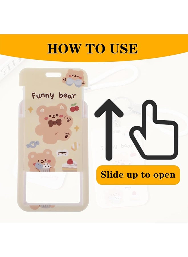 2Pcs Photocard Holder Keychain Sliding Cute Cartoon Rabbit Bear Animal ID Badge Holder with Lanyard Badge Reel Stationery for School Student Bus Card ID Credit Cards Pendant - Image 4