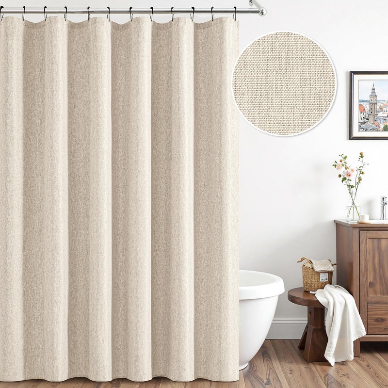 ANRODUO Boho Farmhouse Cream Polyester Textured Fabric Shower Curtain Set - 72"x84" with 12 Metal Hooks, Waterproof & Heavy Duty Polyester, Button Hole Design, Machine Washable for Bathroom - Image 2
