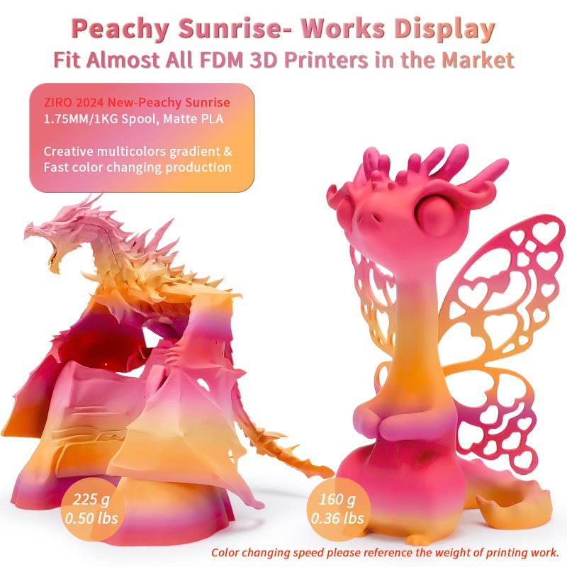ZIRO Fast Color Changing PLA, Matte Multi Colors Filament 1.75mm, Color Change by Length 3D Printer PLA, Dimensional Accuracy +/-0.03mm, Fit Most 3D Printers, 1KG/ 2.2lbs Spool, Peachy Sunrise - Image 2