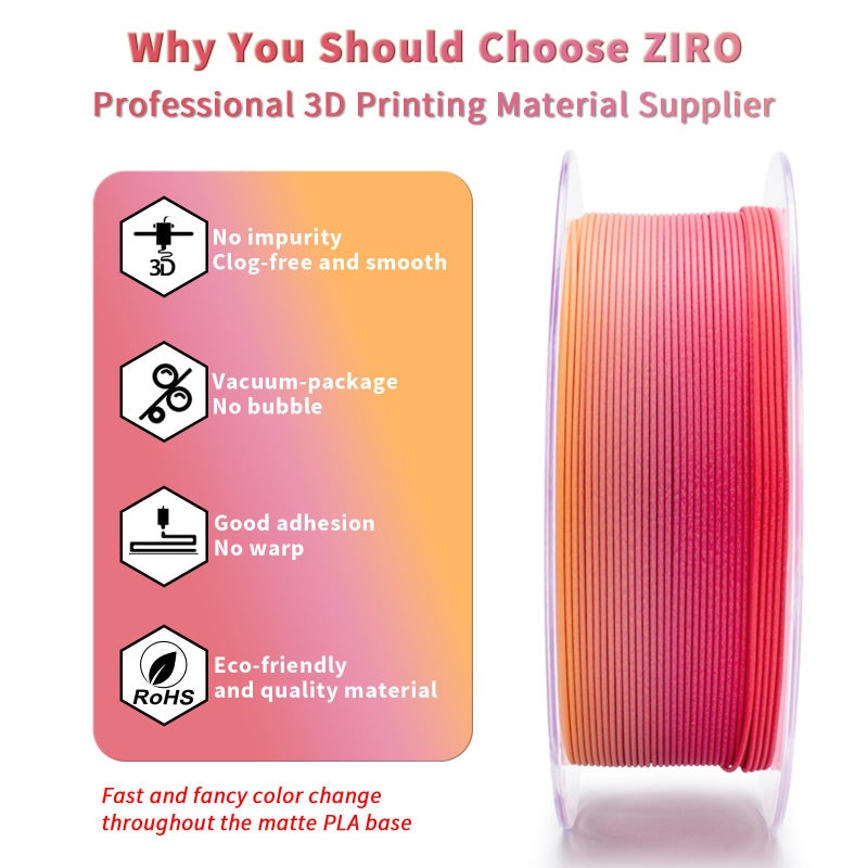 ZIRO Fast Color Changing PLA, Matte Multi Colors Filament 1.75mm, Color Change by Length 3D Printer PLA, Dimensional Accuracy +/-0.03mm, Fit Most 3D Printers, 1KG/ 2.2lbs Spool, Peachy Sunrise - Image 4