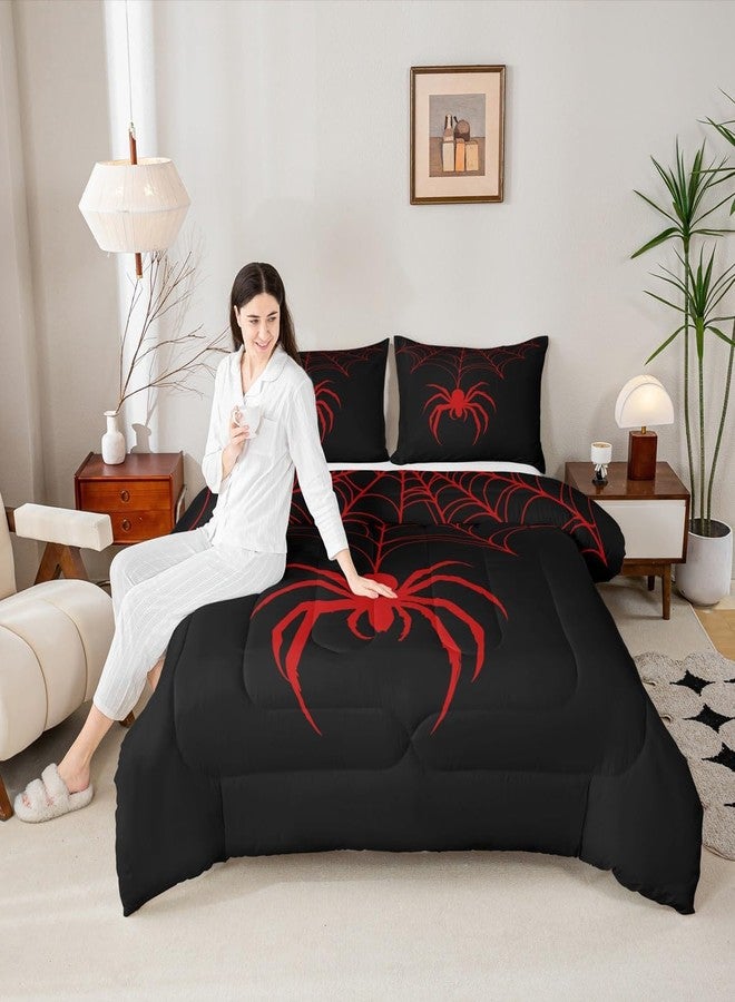 Man Fei Red Spider Kid Comforter Set Full Size,Spider Web Arachnid Insect Animal Bedding Set,Boys Girls Women Men Room Decor,Halloween Gothic Trippy Quilt Comforter,Black Retro Duvet Insert,2 Pillowcases - Image 1