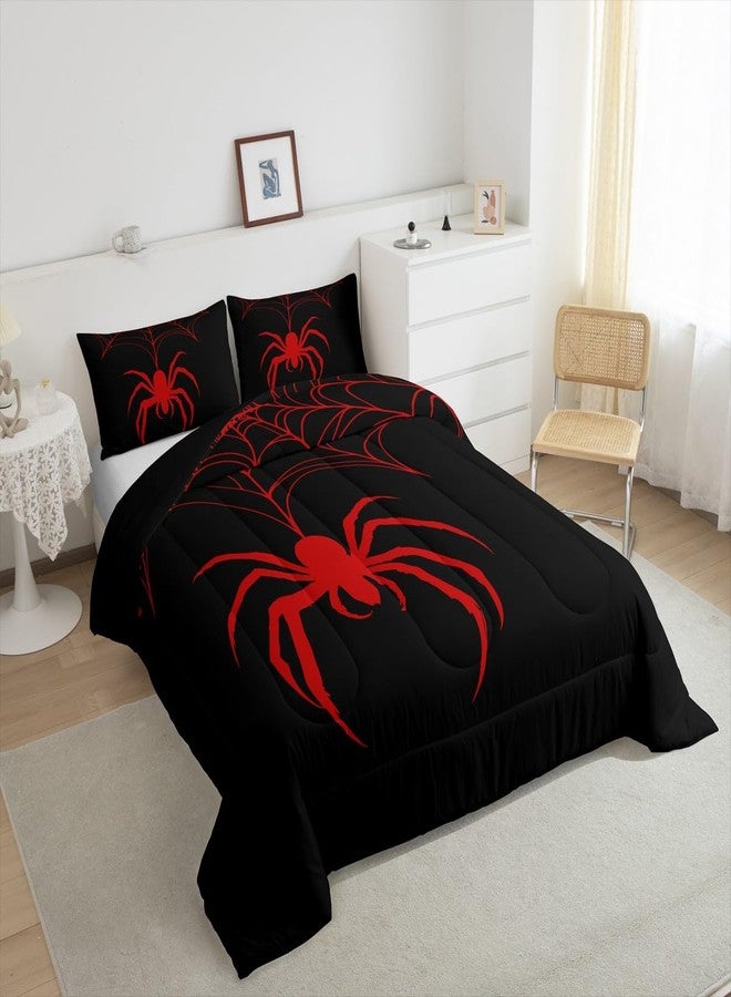 Man Fei Red Spider Kid Comforter Set Full Size,Spider Web Arachnid Insect Animal Bedding Set,Boys Girls Women Men Room Decor,Halloween Gothic Trippy Quilt Comforter,Black Retro Duvet Insert,2 Pillowcases - Image 5
