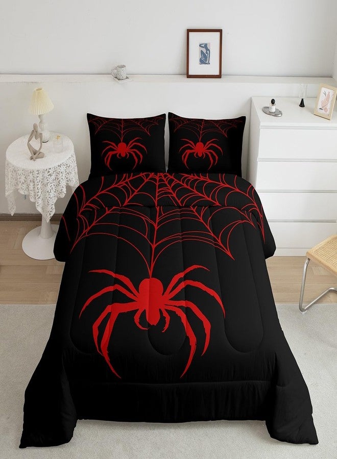 Man Fei Red Spider Kid Comforter Set Full Size,Spider Web Arachnid Insect Animal Bedding Set,Boys Girls Women Men Room Decor,Halloween Gothic Trippy Quilt Comforter,Black Retro Duvet Insert,2 Pillowcases - Image 4