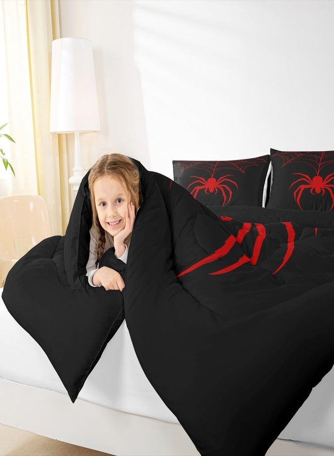 Man Fei Red Spider Kid Comforter Set Full Size,Spider Web Arachnid Insect Animal Bedding Set,Boys Girls Women Men Room Decor,Halloween Gothic Trippy Quilt Comforter,Black Retro Duvet Insert,2 Pillowcases - Image 3