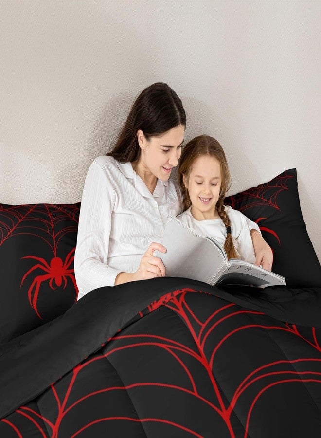 Man Fei Red Spider Kid Comforter Set Full Size,Spider Web Arachnid Insect Animal Bedding Set,Boys Girls Women Men Room Decor,Halloween Gothic Trippy Quilt Comforter,Black Retro Duvet Insert,2 Pillowcases - Image 2