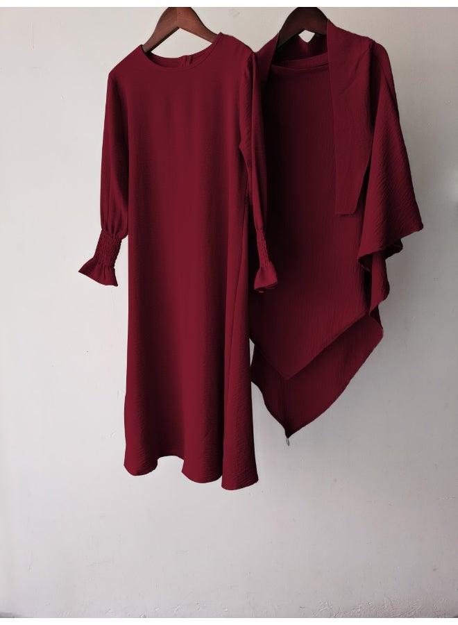 New Wave Pattern Ruffle Hem Solid-Colored Round Neck Dress