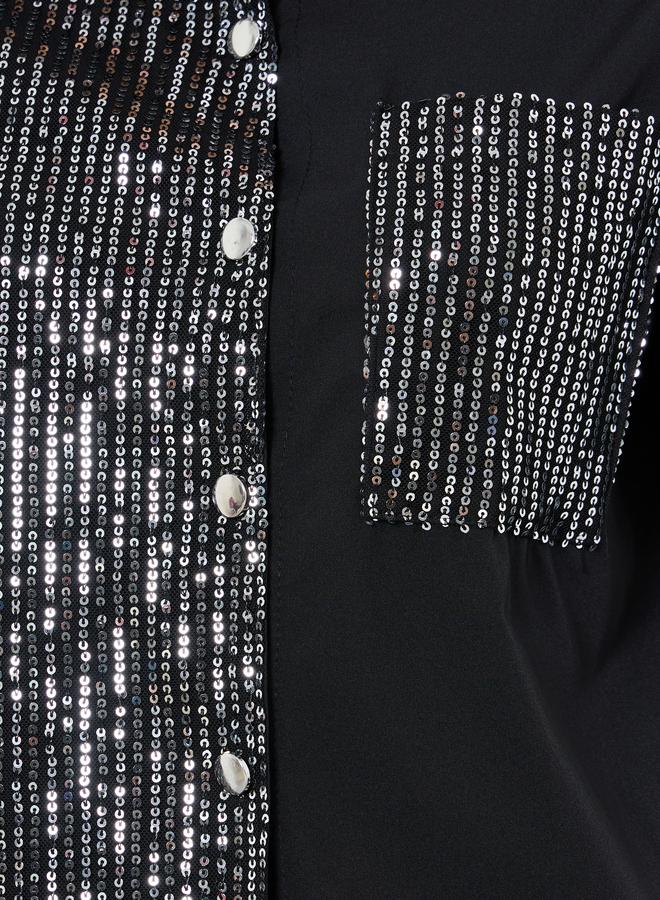 Take Two Black Sequin Panel Shirt with Pocket - Image 3
