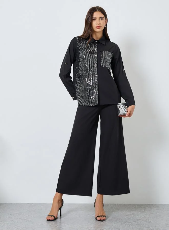 Take Two Black Sequin Panel Shirt with Pocket