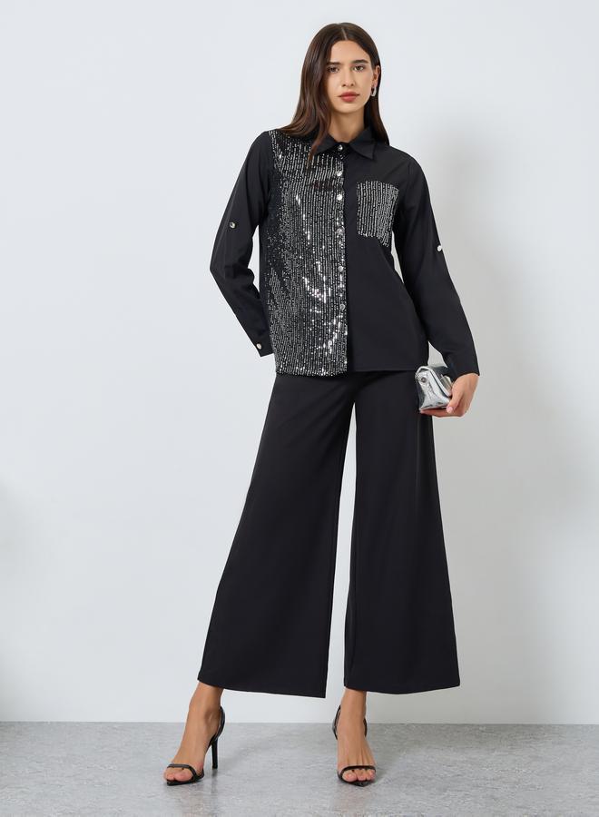 Take Two Black Sequin Panel Shirt with Pocket - Image 2