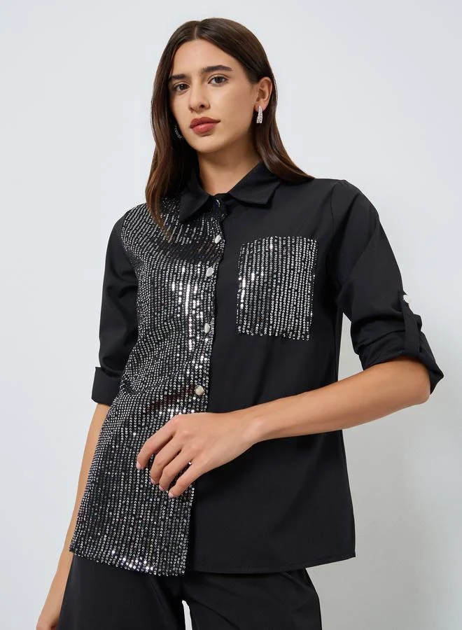 Take Two Black Sequin Panel Shirt with Pocket