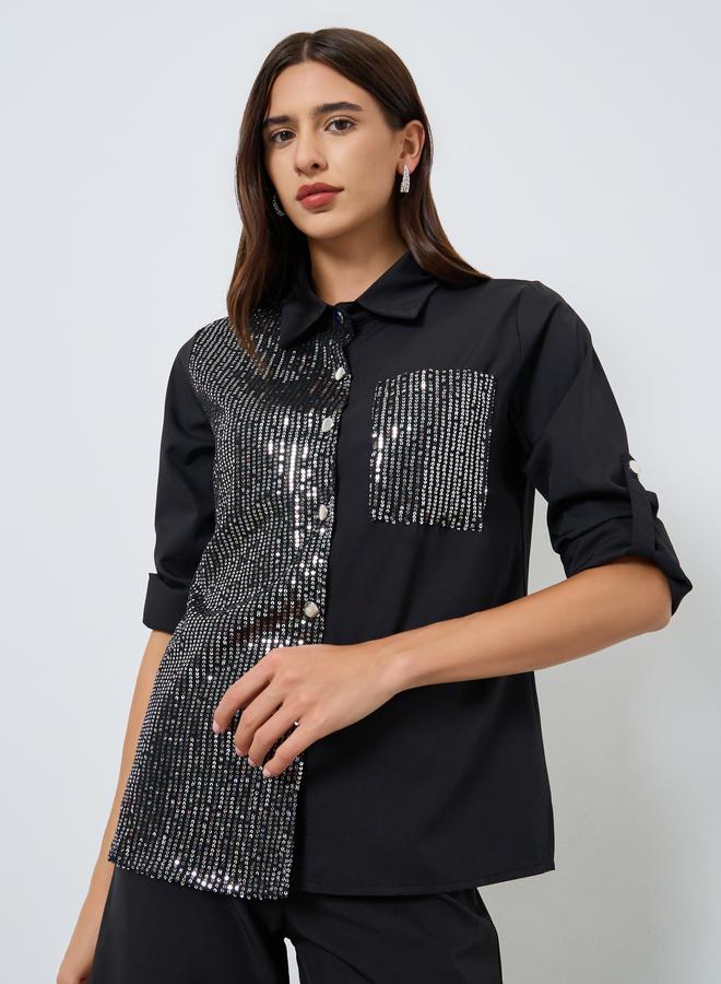 Take Two Black Sequin Panel Shirt with Pocket - Image 1