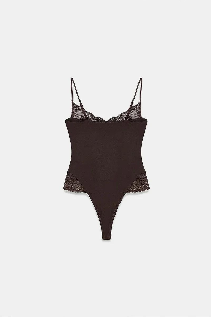 Dilvin Coffee Brown DILVIN Lace Sleeveless Slim-fit Bodysuit Blouse for Women | Best Price UAE