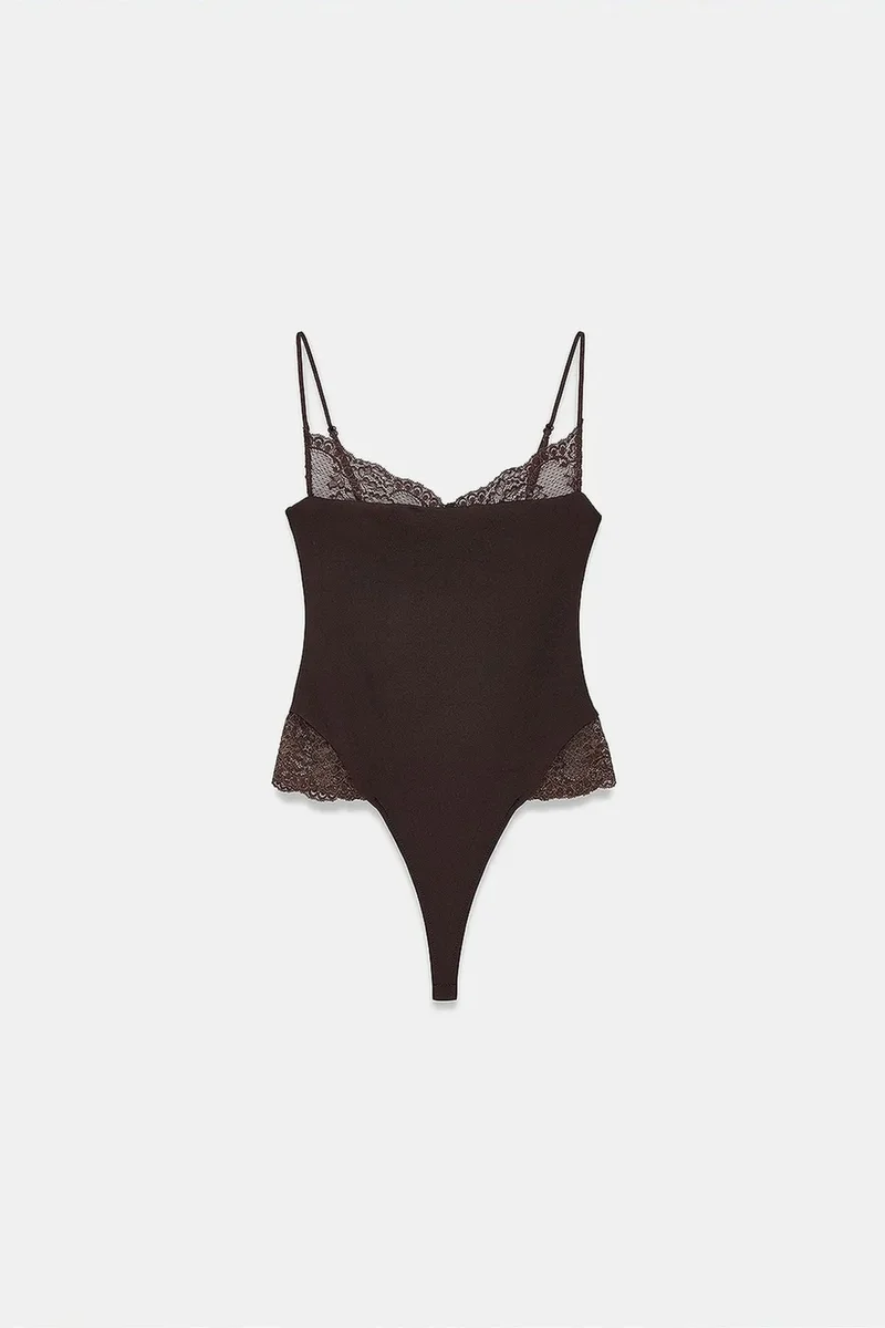 Dilvin Coffee Brown DILVIN Lace Sleeveless Slim-fit Bodysuit Blouse for Women | Best Price UAE