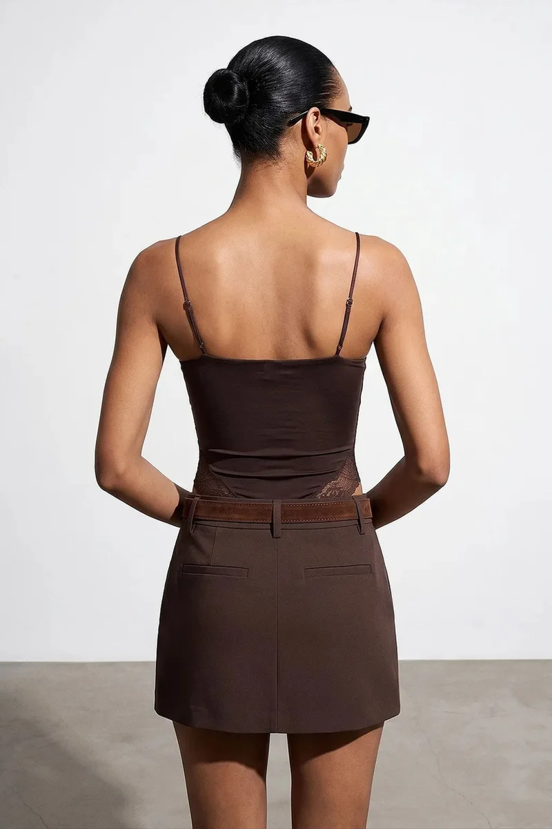 Dilvin Coffee Brown DILVIN Lace Sleeveless Slim-fit Bodysuit Blouse for Women | Best Price UAE