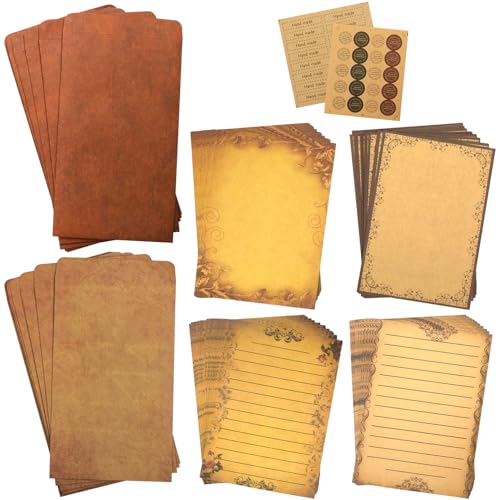 CenterZ Vintage Stationary Paper + Kraft Envelopes Set with Seal Stickers, 64pcs 4 Patterns 8.3 x 5.7 Writing Stationery Papers + 20pcs 2 Colors 7.9 x 4.7 Letter Envelope + 36pcs 2 Styles Rustic Seals - Image 1